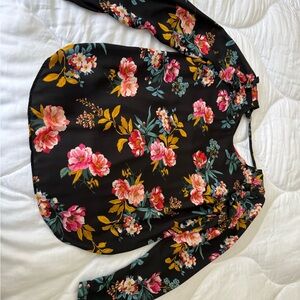 LOFT Navy Blouse with Red and Pink Floral Design